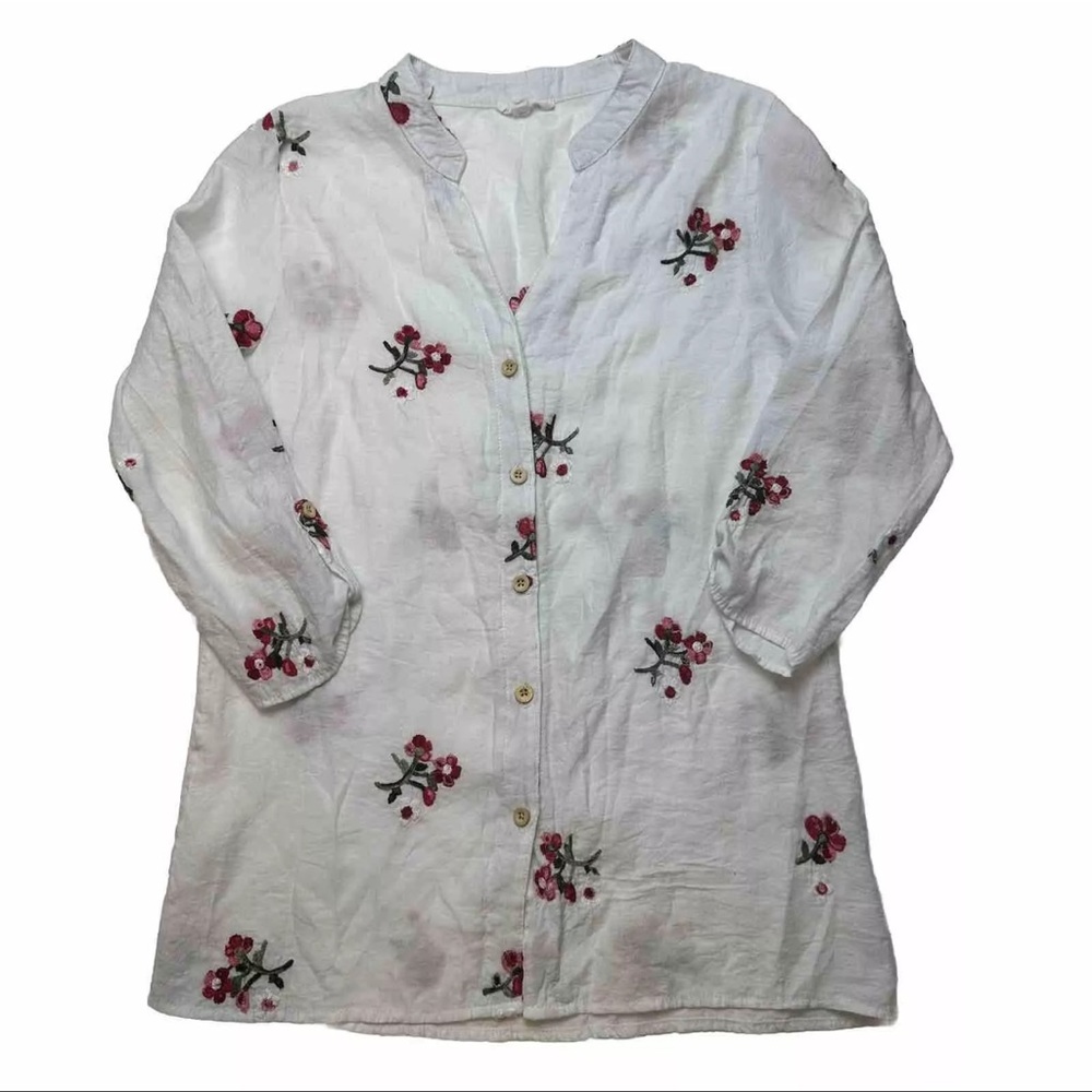 Anthropologie Kindred Blouse Embroidered Floral 3/4 Sleeve Womens S White